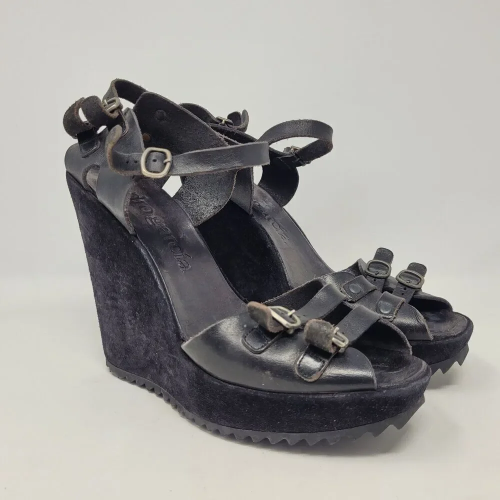 Pedro Garcia Sandals Womens US 8.5 Black Leather Wedge Boho Biker Rocker Buckles